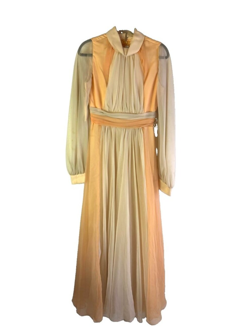 Vintage 70s Dress Gown Wispy Chiffon Bishop Sleeve Disco Mod USA